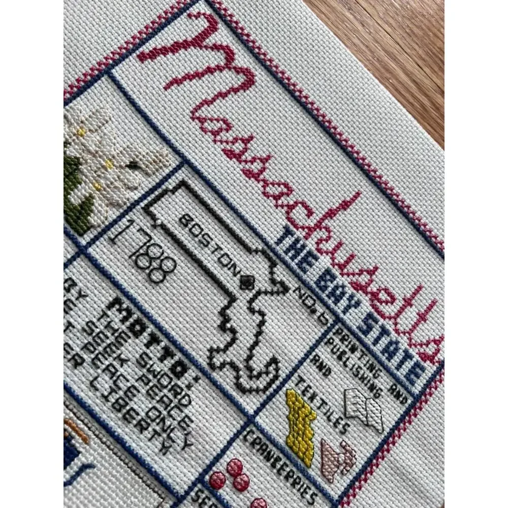 Vintage Massachusetts Cross Stitch Sampler | Bay State Needlework, 1986